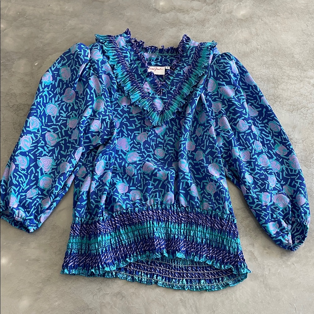Vintage Susan Freis Floral Blue and Purple Blouse